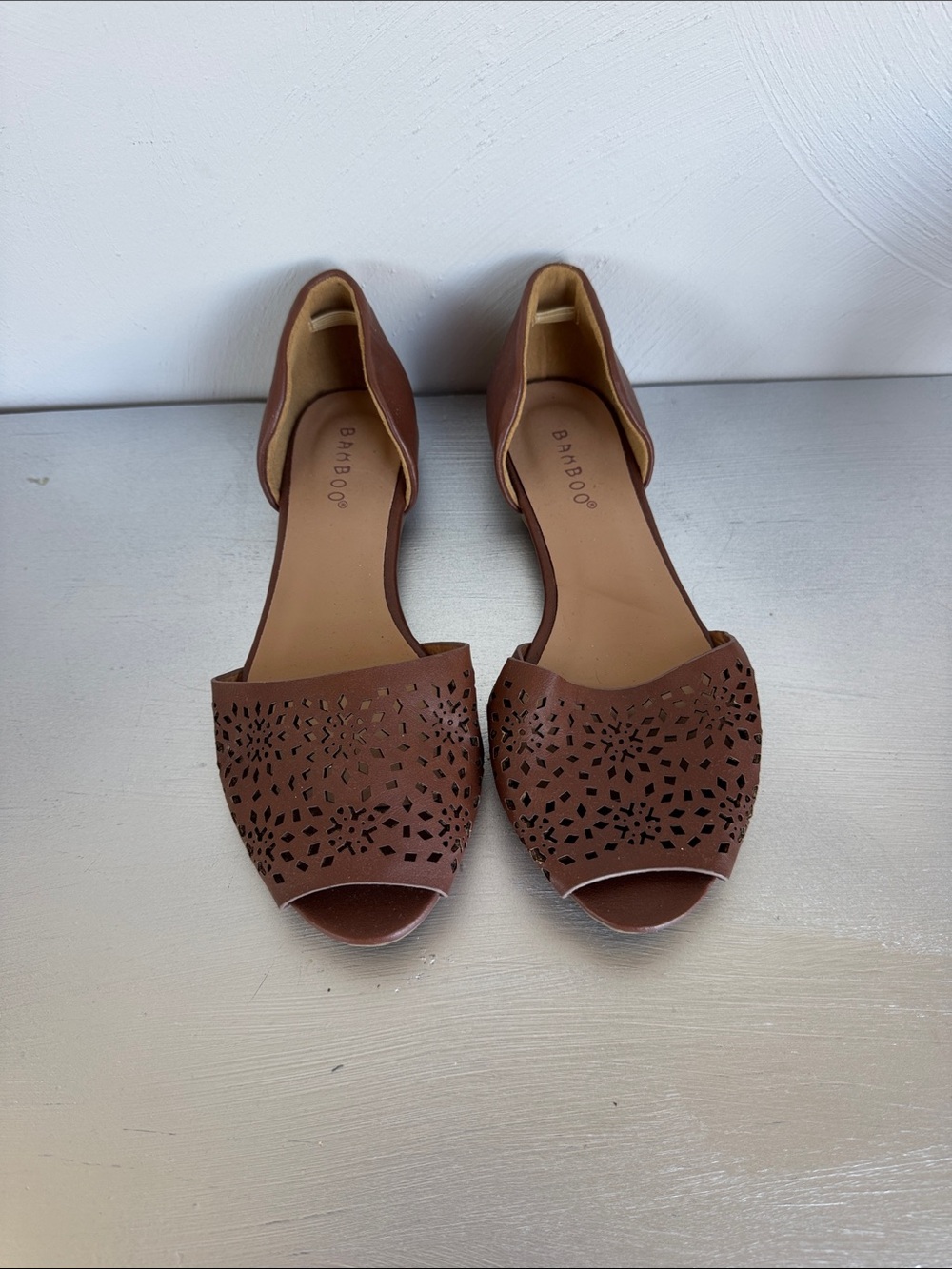 BAMBOO Brown Laser-Cut D'Orsay Peep Toe Flats